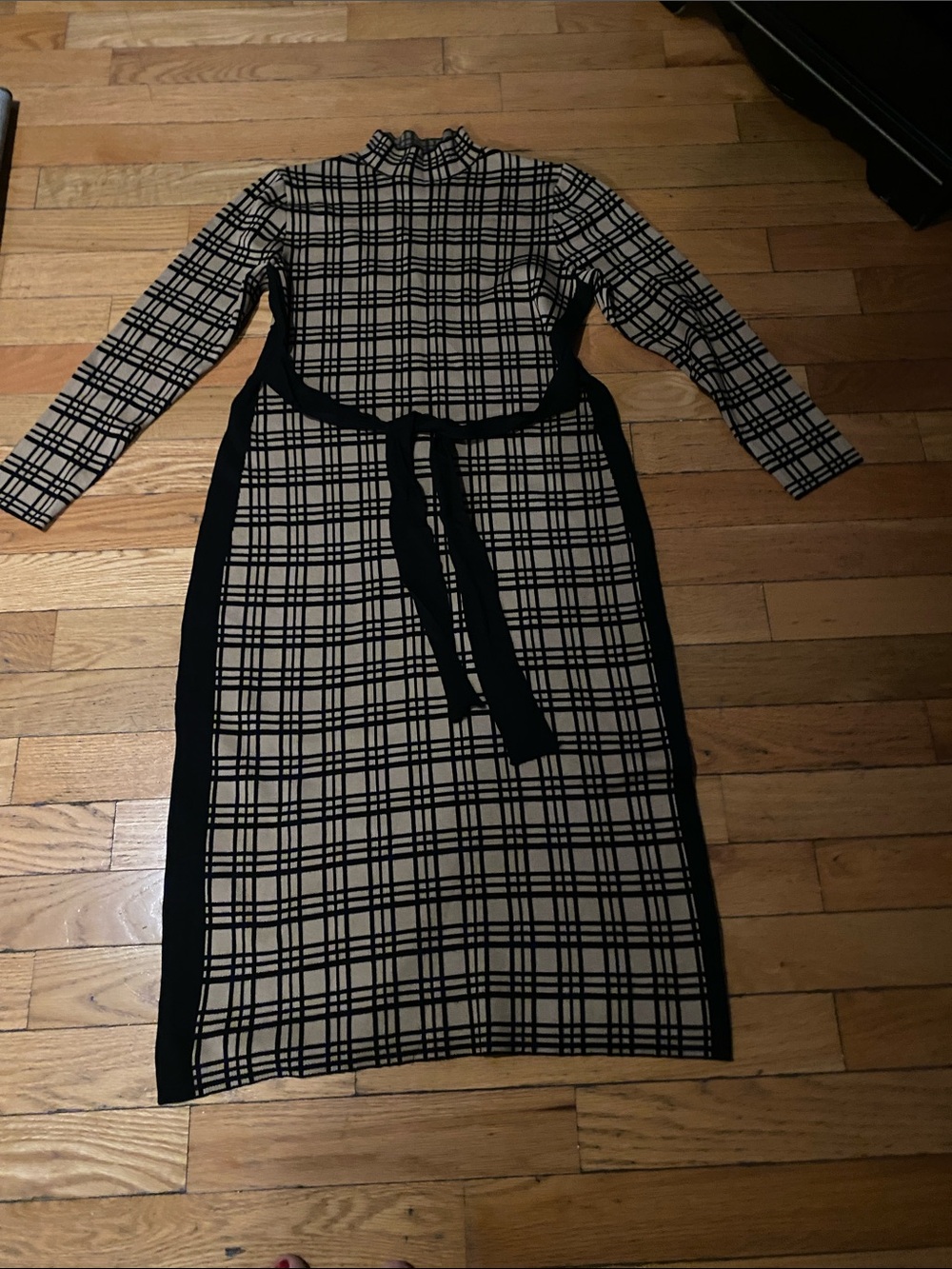 Plaid Belted Long Sleeve Midi Dress in Black and Beige